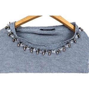 Ivanka Trump Acrylic Cardigan Sweater L Beaded Collar Gray/Blue